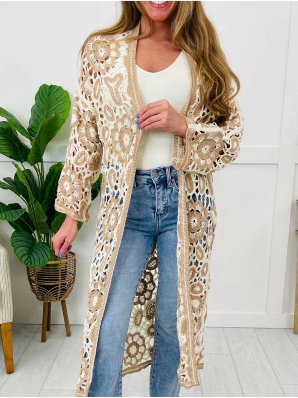 Tan and White Crochet Open-Front Long Cardigan Sweater